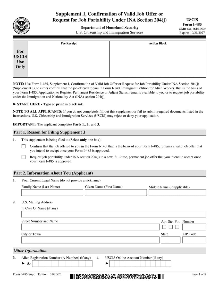 First page of I-485 Supplement J form