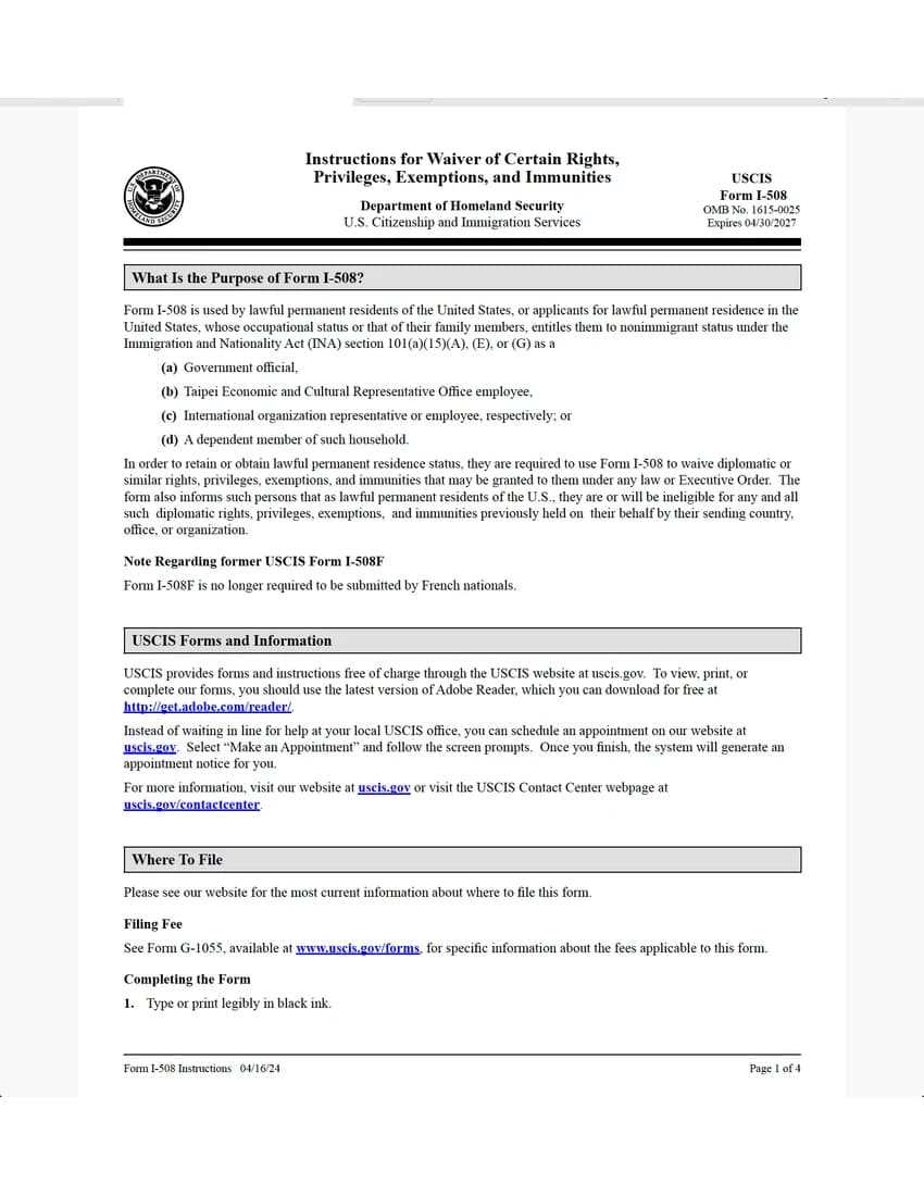 First page of I-508 form