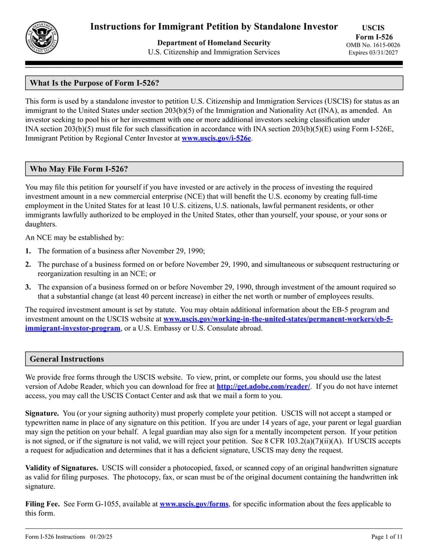 First page of I-526 form