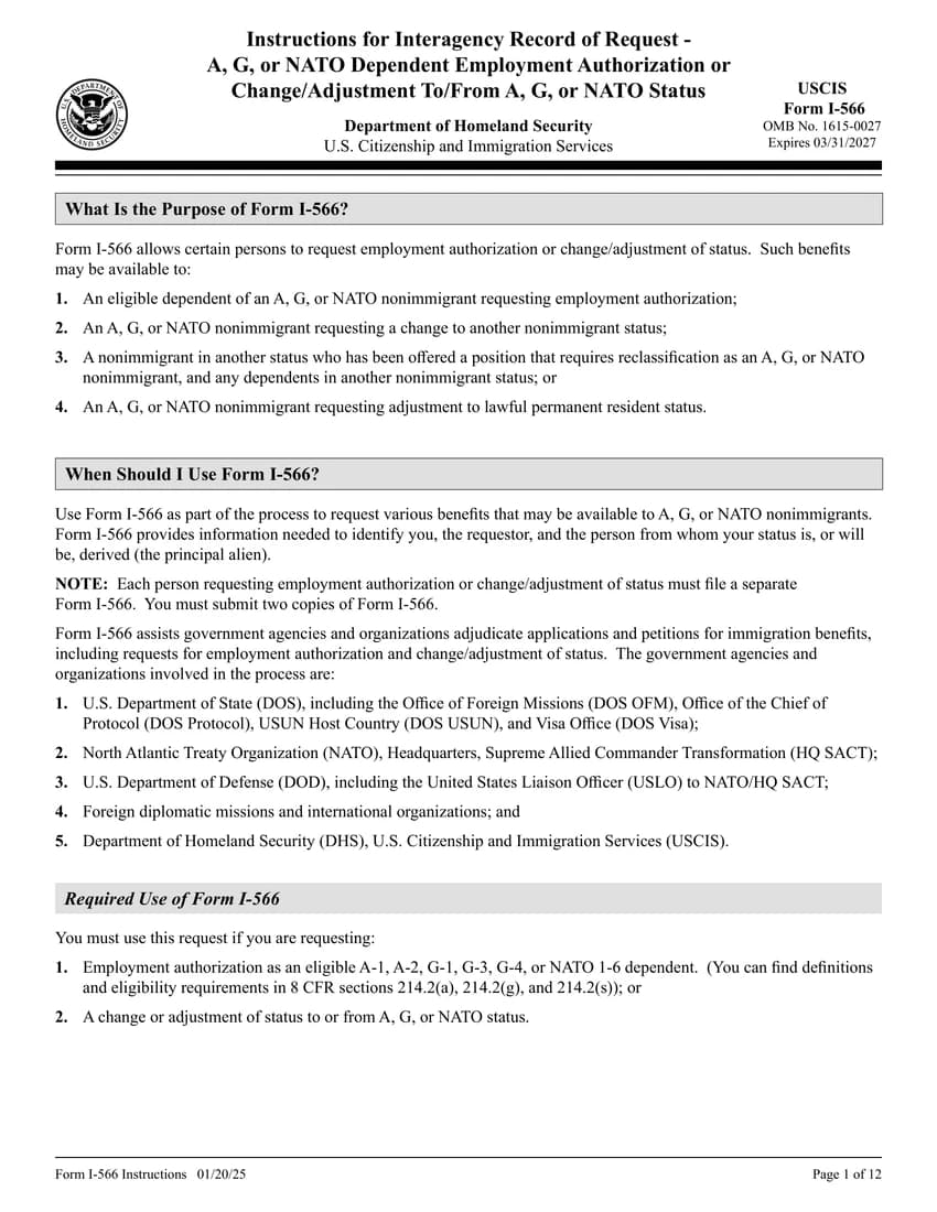 First page of I-566 form