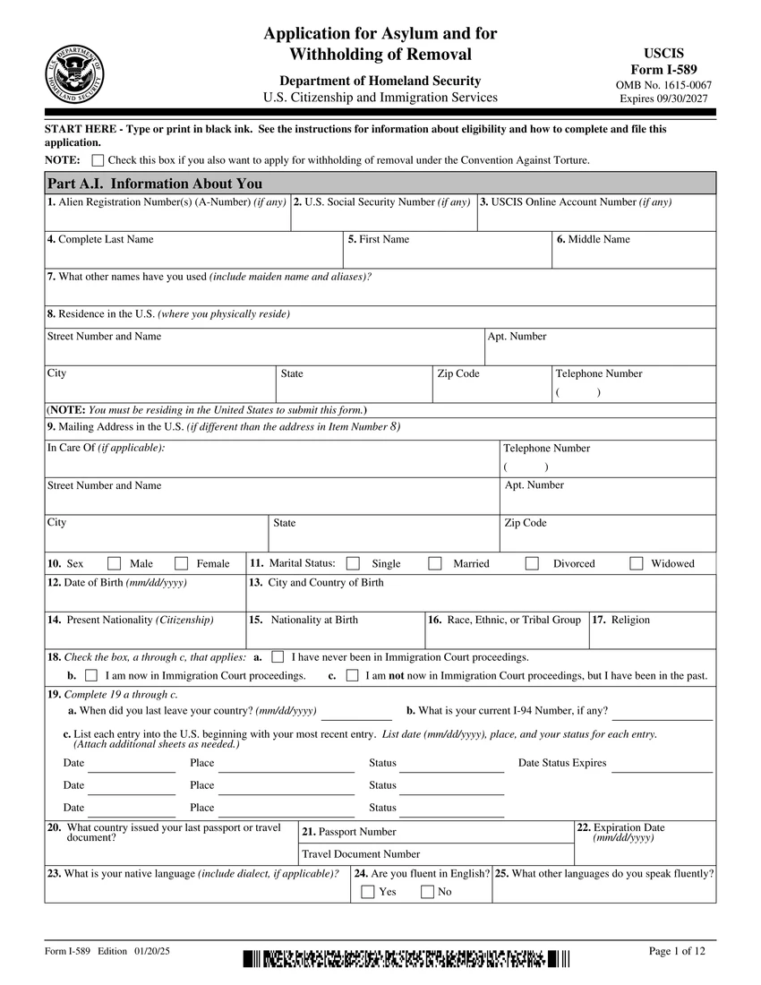First page of I-589 form