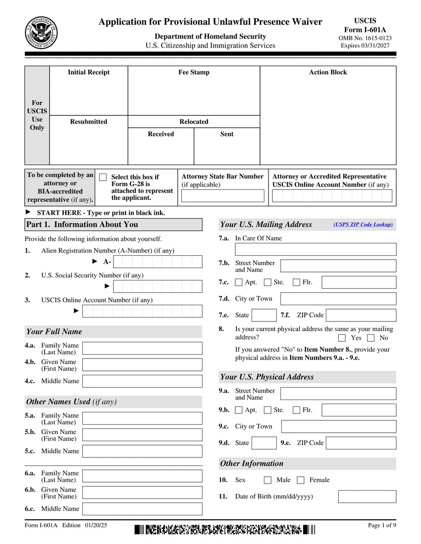First page of I-601A form