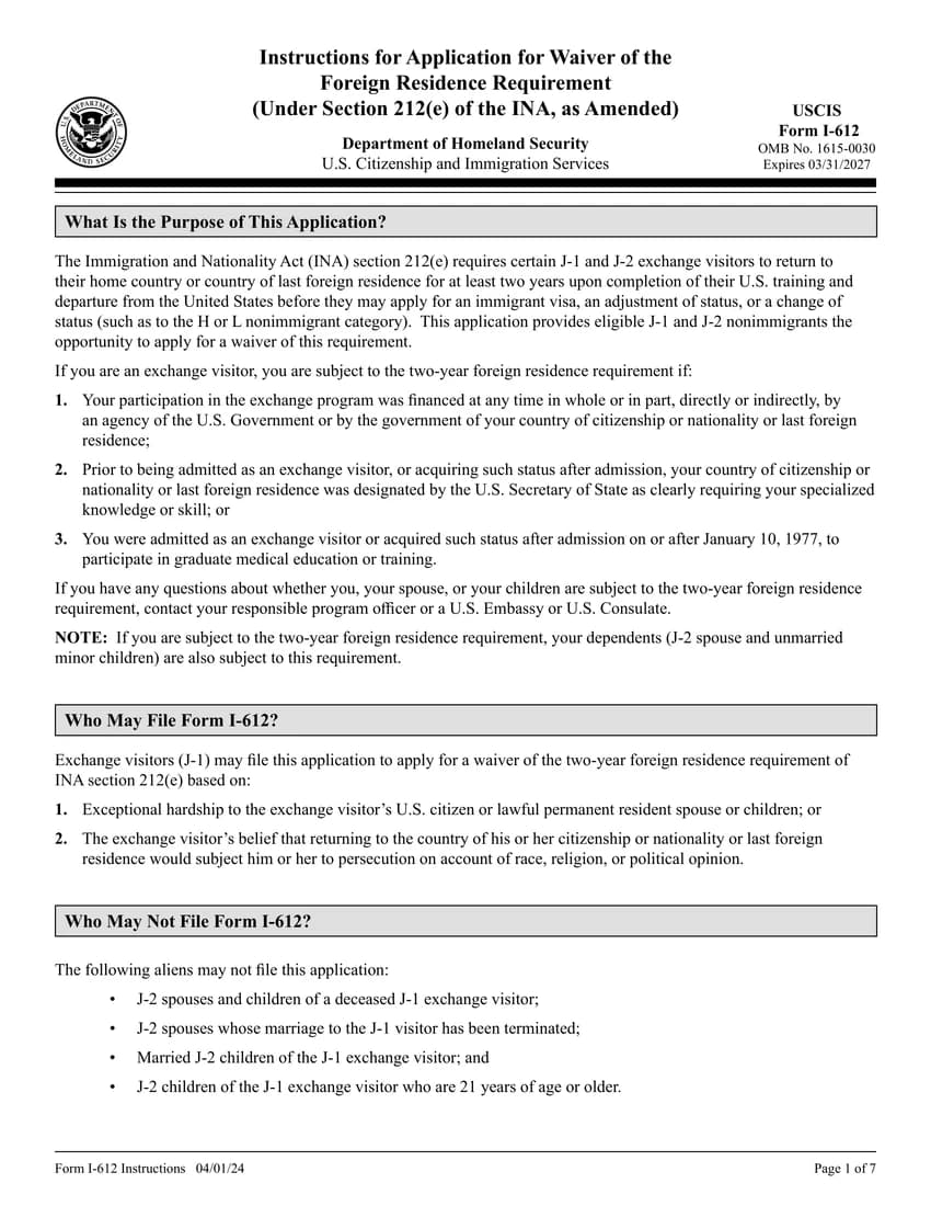 First page of I-612 form