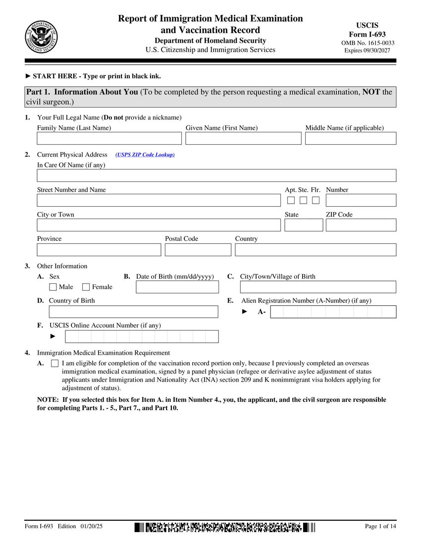 First page of I-693 form