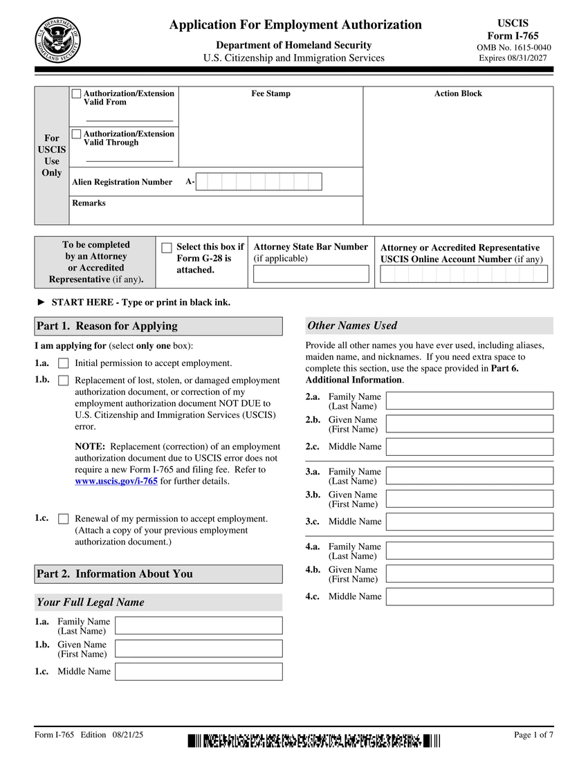 First page of I-765 form