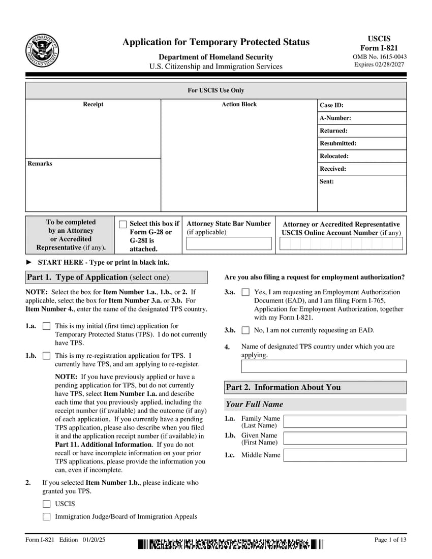 First page of I-821 form