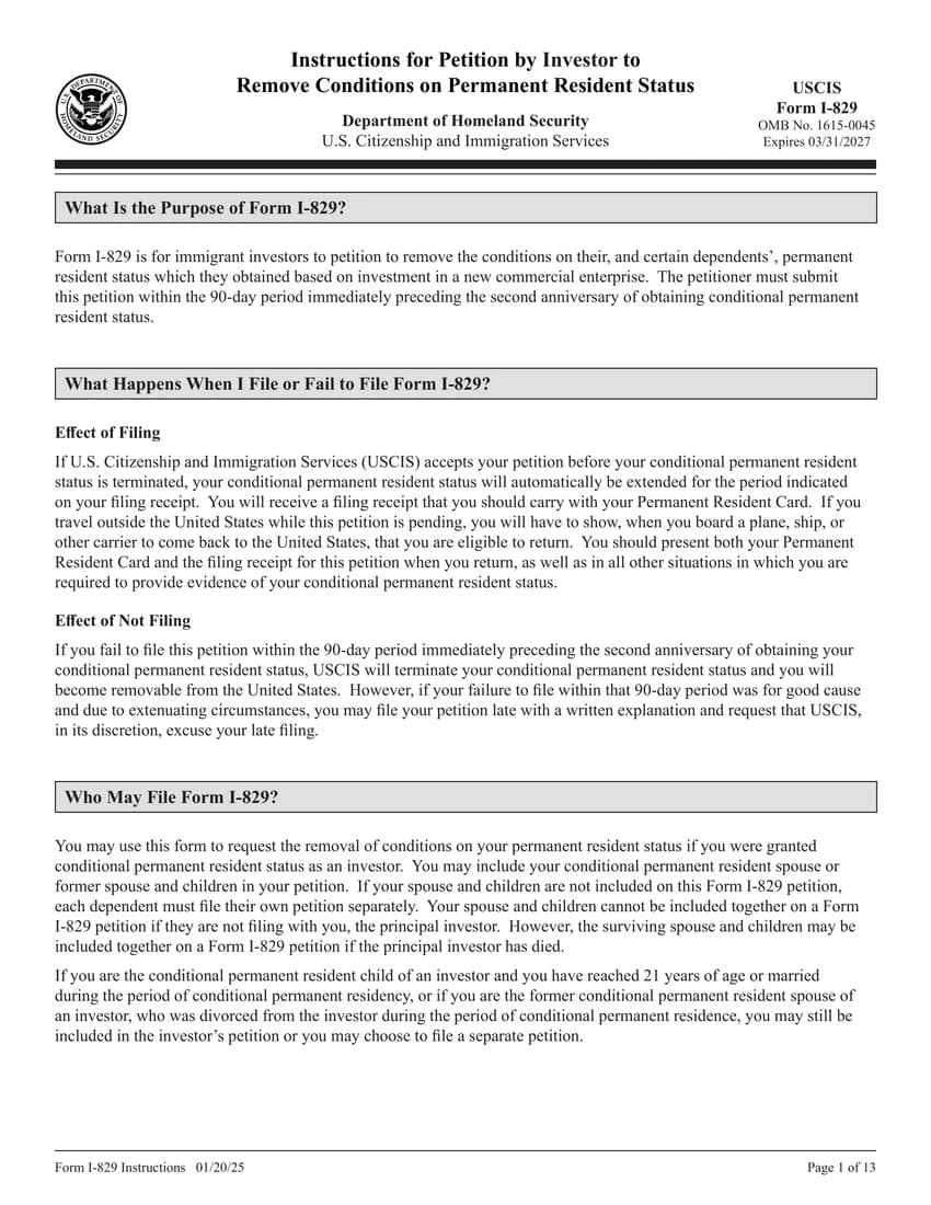 First page of I-829 form