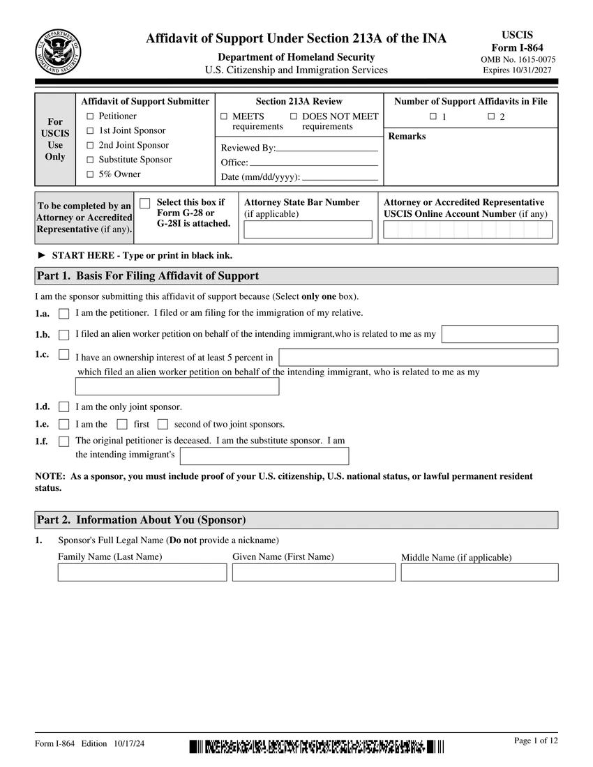 First page of I-864 form