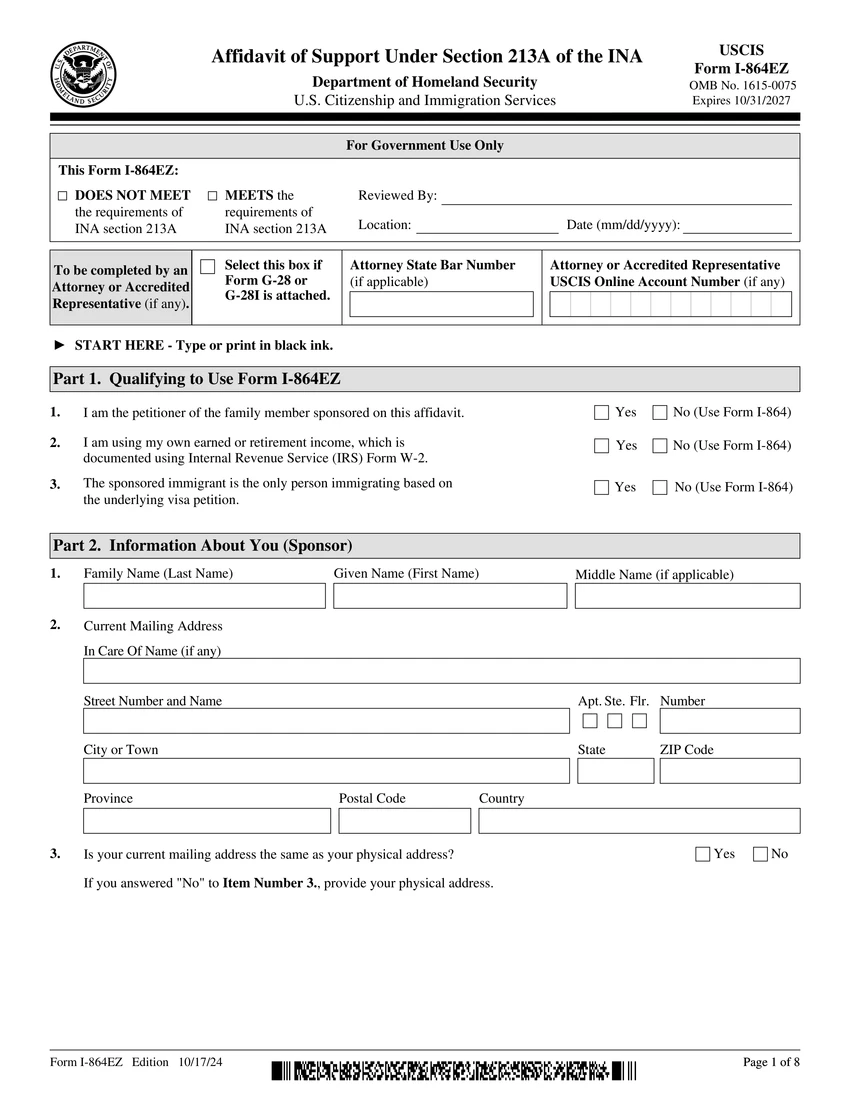 First page of I-864EZ form