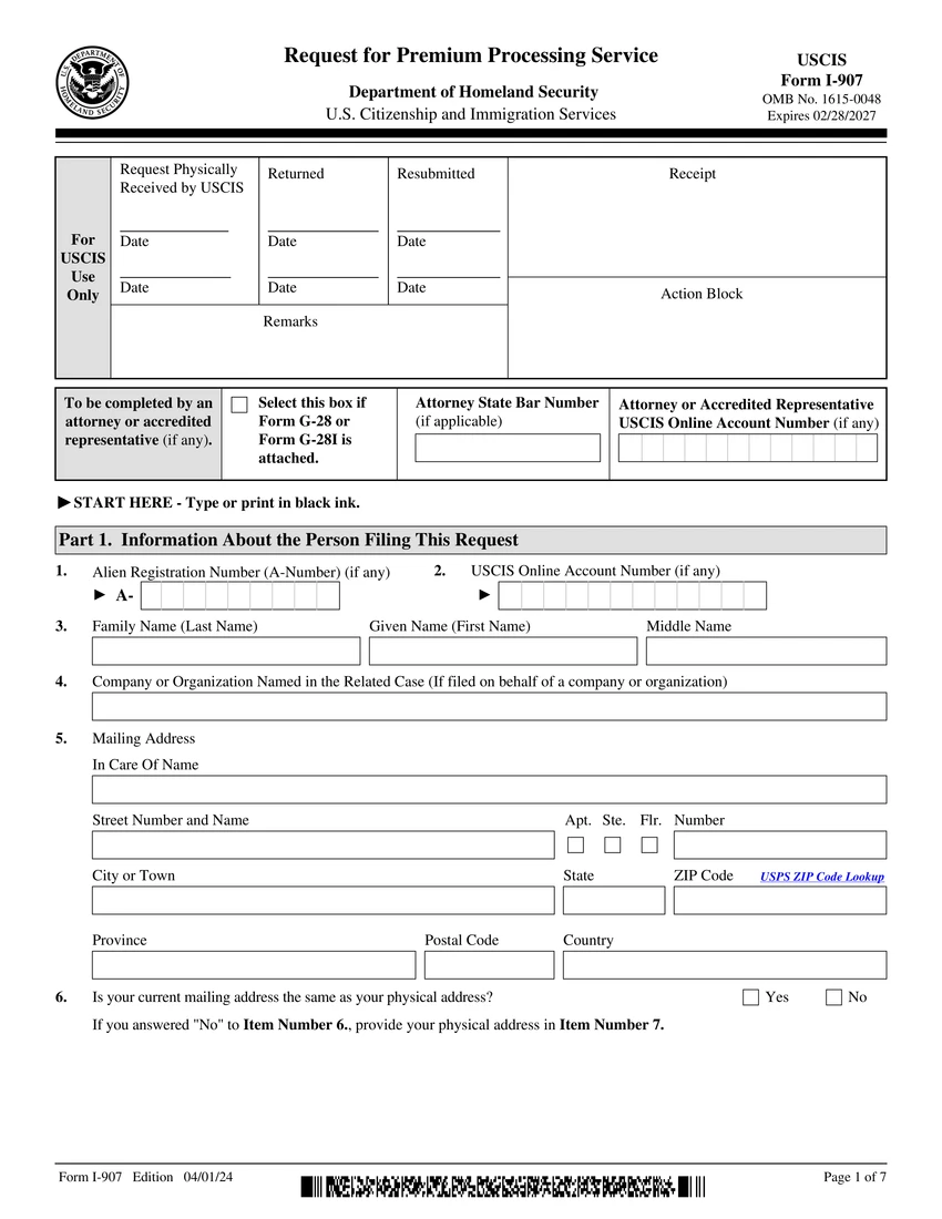 First page of I-907 form