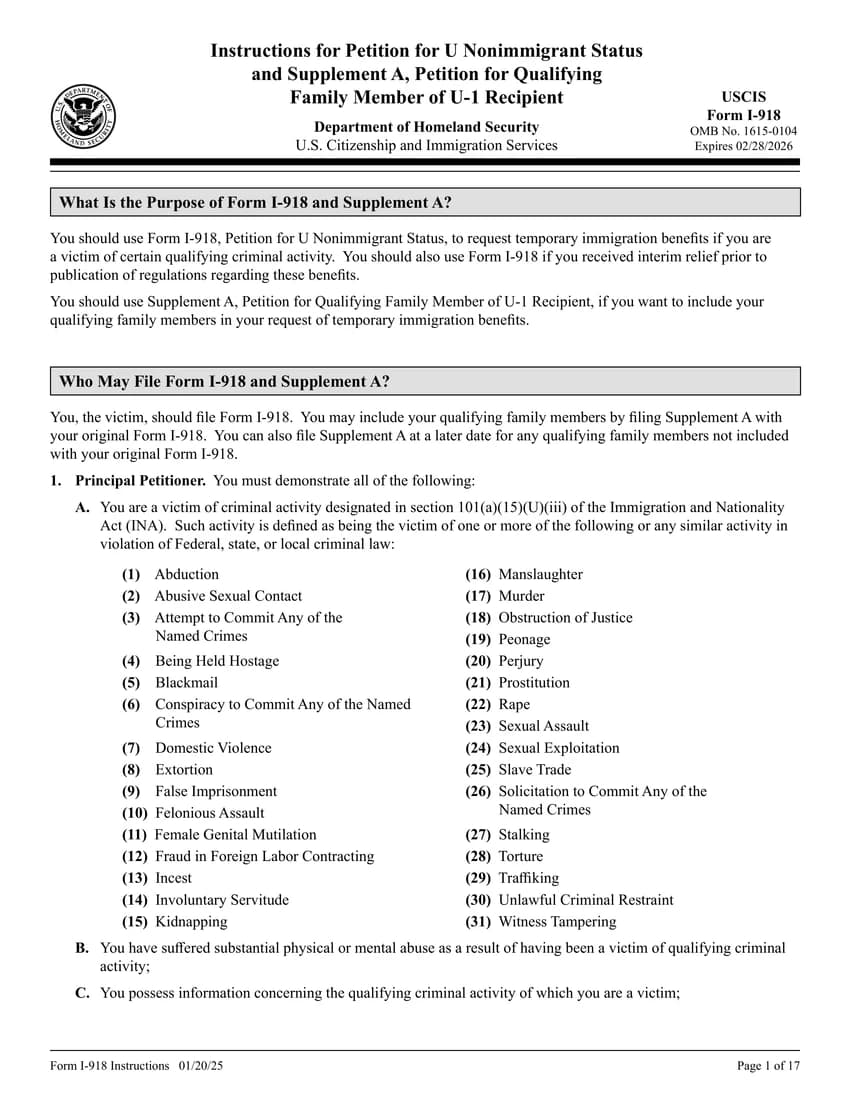 First page of I-918 form
