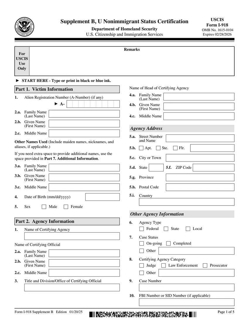 First page of I-918 Supplement B form