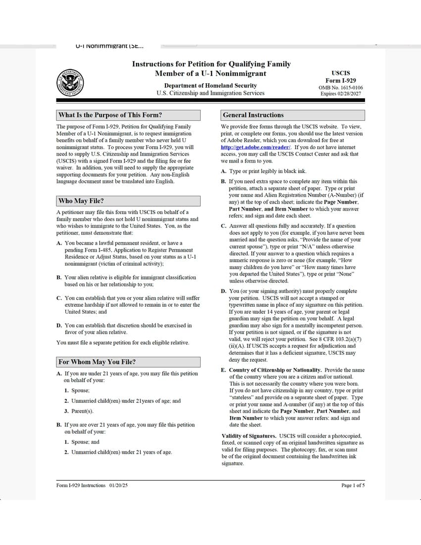 First page of I-929 form