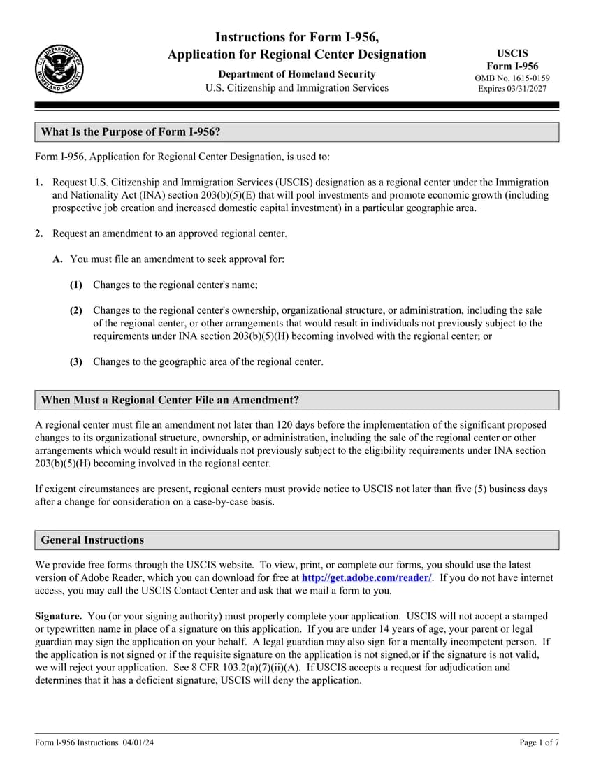 First page of I-956 form