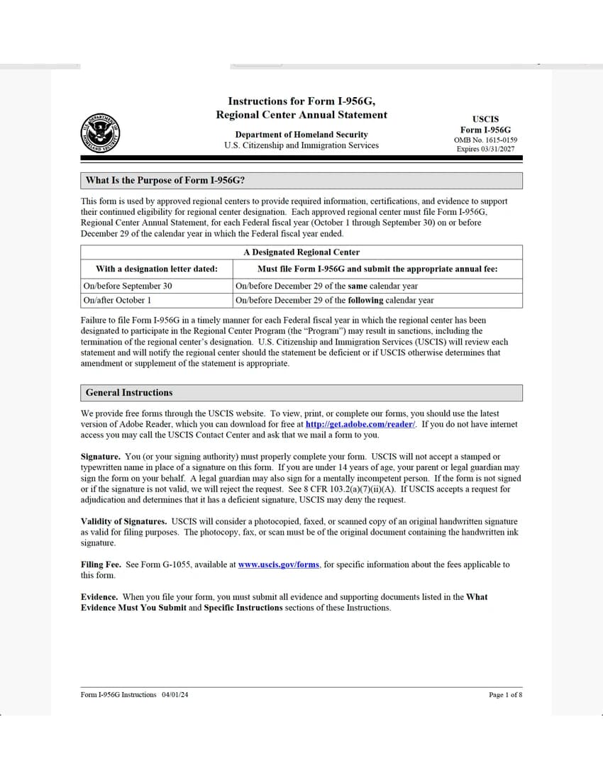 First page of I-956G form