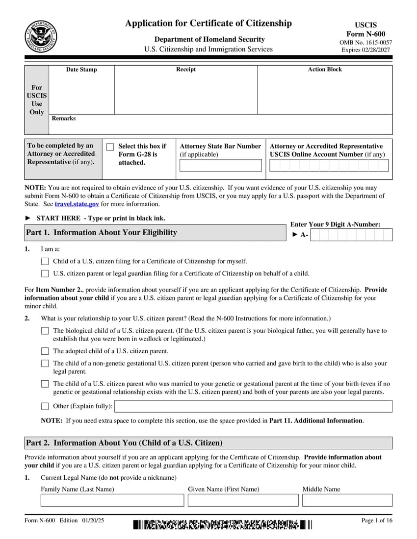 First page of N-600 form
